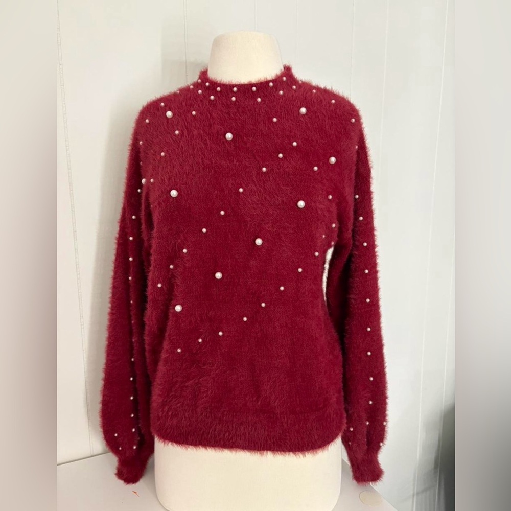 Chic Red Pearl-Studded Sweater